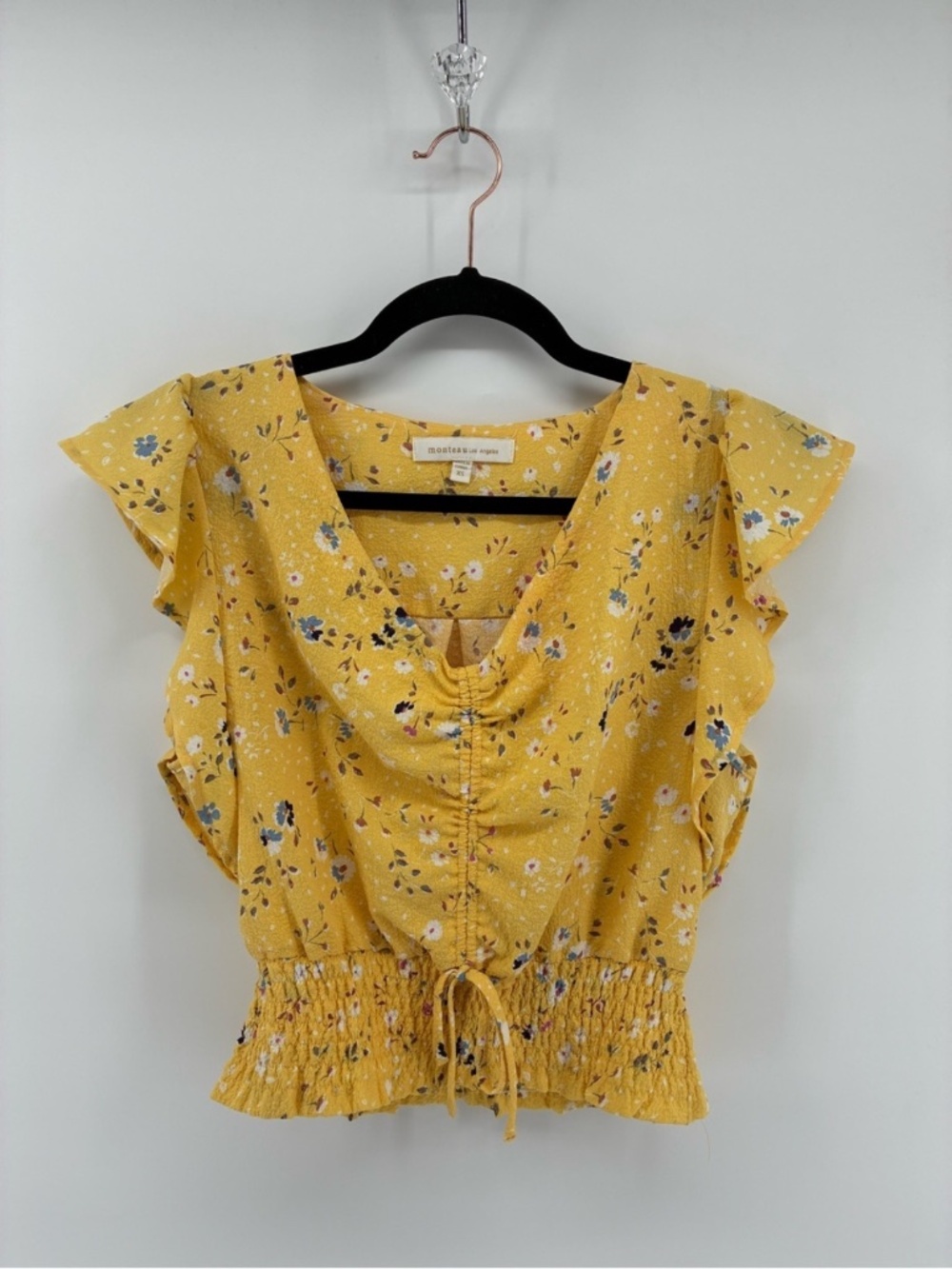MASSIVE $10 SALE Yellow Floral Smocked Waist Ruffle Sleeve Top - Monteau